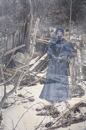 Female Ghost in a Black Dress Standing in a Forest